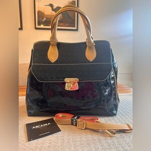 ARCADIA black patent leather satchel bag, w/tan handles. Italian made. NWOT.